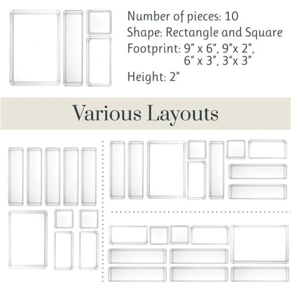 10-Piece Stackable Clear Drawer Organizer Set | Multi-size Trays | Makeup Vanity